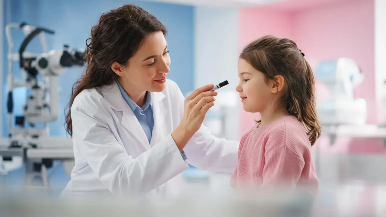 Oftalmologista em consulta infantil para avaliação de estrabismo